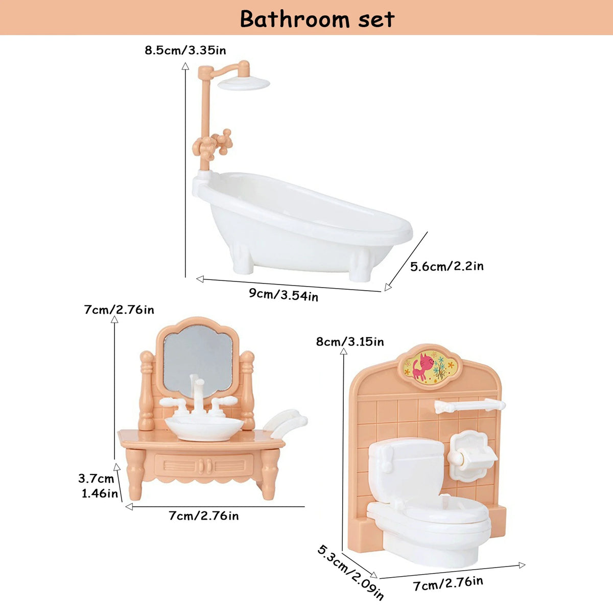 A bathroom set featuring a toilet, sink, and bathtub for dollhouse pretend play.
