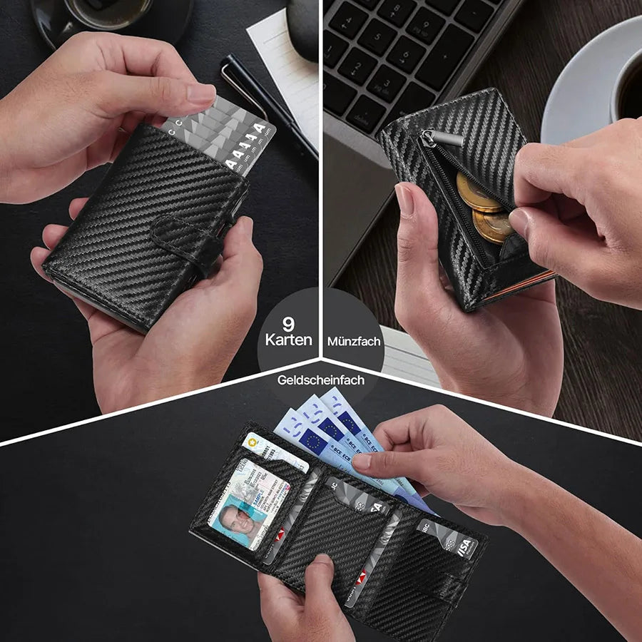 Hände zeigen eine RFID-geschützte Pop-up-Wallet aus schwarzem Kohlefaser-Textur, die Karten und Münzen aufbewahrt.