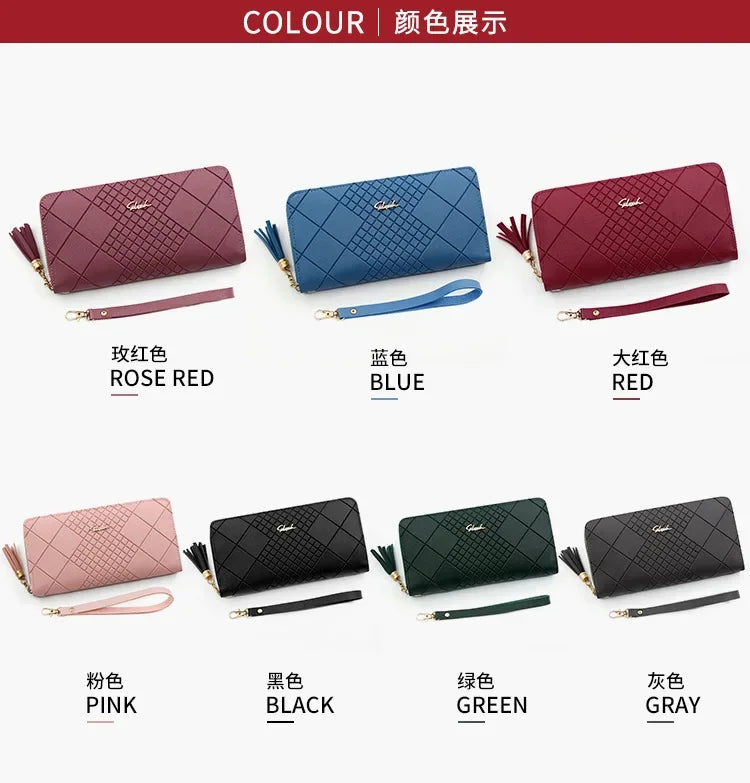 A collection of various colored PU leather wristlet clutch wallets displayed in different shades including pink, blue, red, b