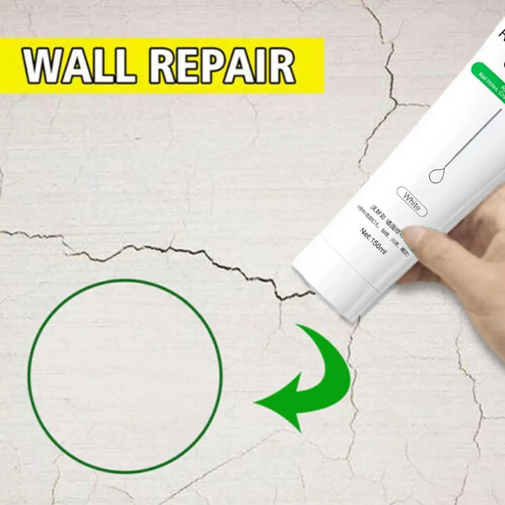 A tube of white quick-dry wall repair putty with an applicator tip is shown next to a cracked wall surface.