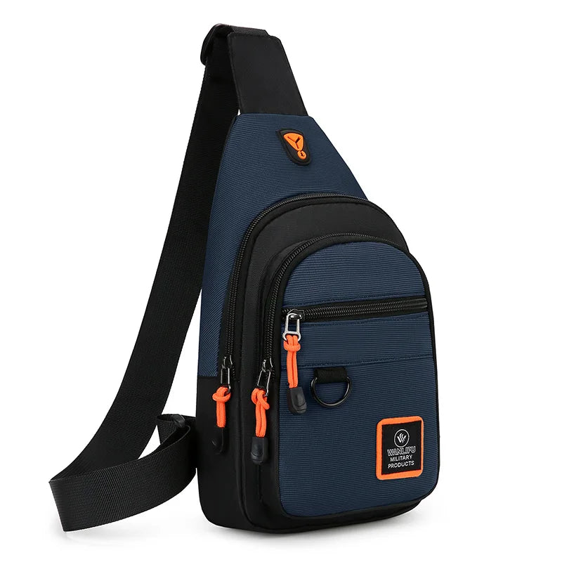 Navy blue water-resistant crossbody bag with black strap and orange accents