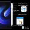 A white stylus pen with a magnetic body and a pen point is shown next to an Android tablet, highlighting its features.
