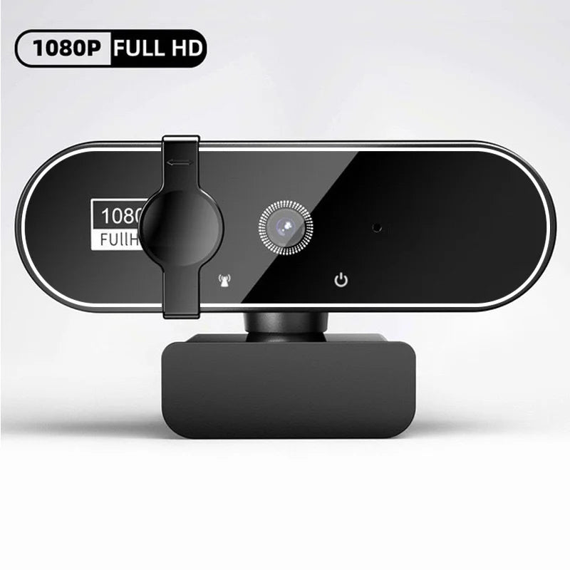 A black 1080P Full HD webcam device with a microphone and power switch is shown on a white background.