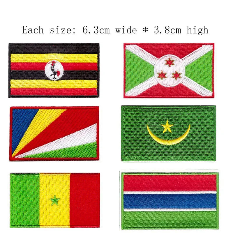 Four embroidered patches of the Dominican Republic flag in various designs and colors.