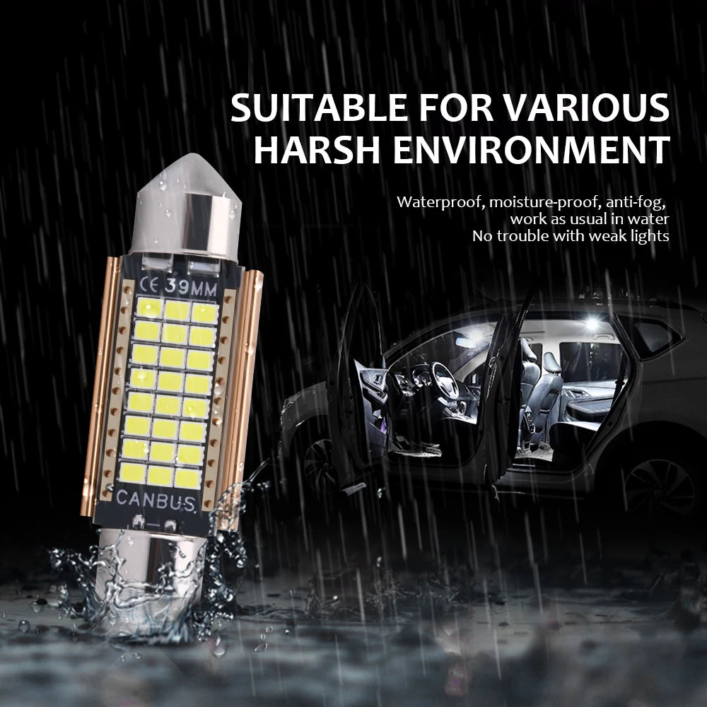 A bright white Canbus LED light bar is shown being tested for waterproof and anti-fog performance in a rainy environment.