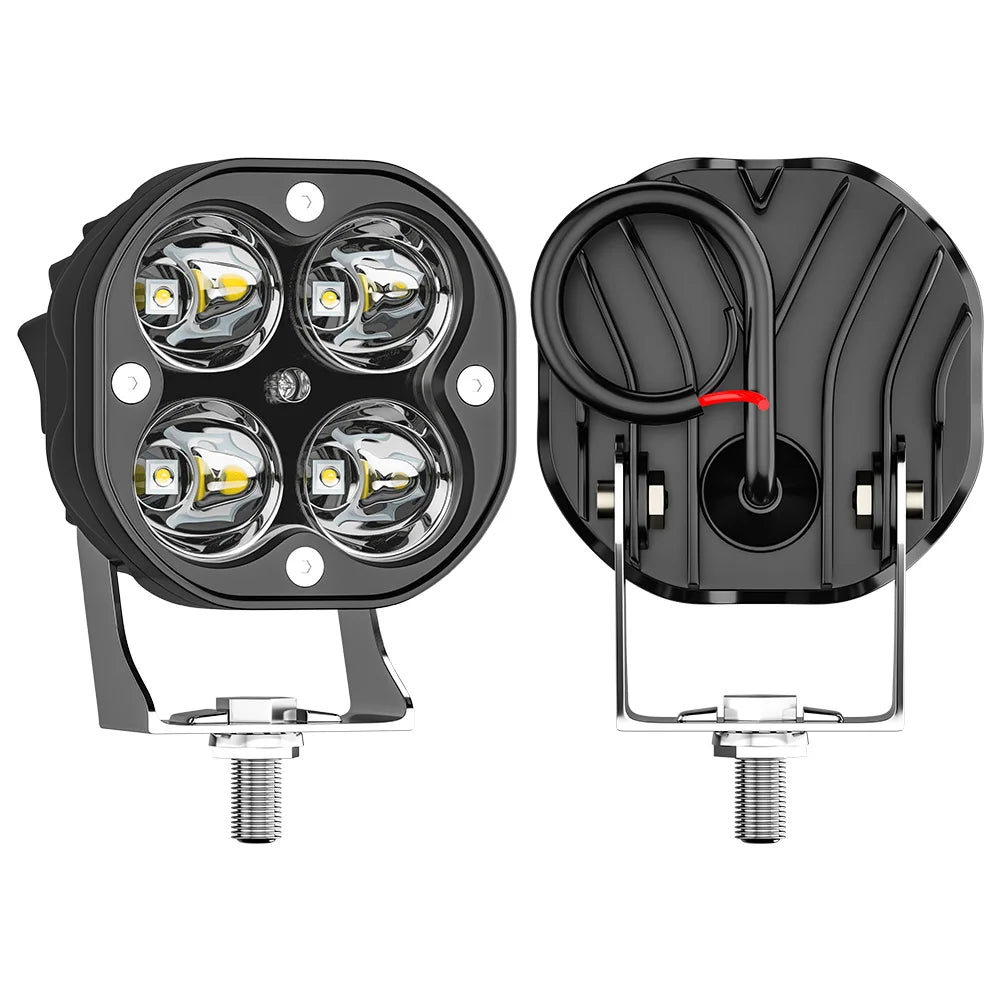 A black LED spot work light with multiple halogen bulbs and a mounting bracket.