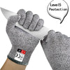 A hand wearing a gray cut-resistant work glove is holding a silver knife, with text indicating Level 5 protection.