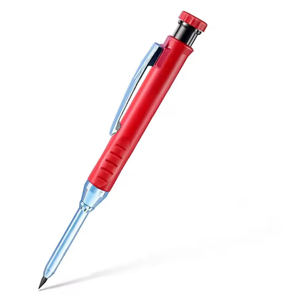 A red precision mechanical pencil with a clear tip is shown diagonally.