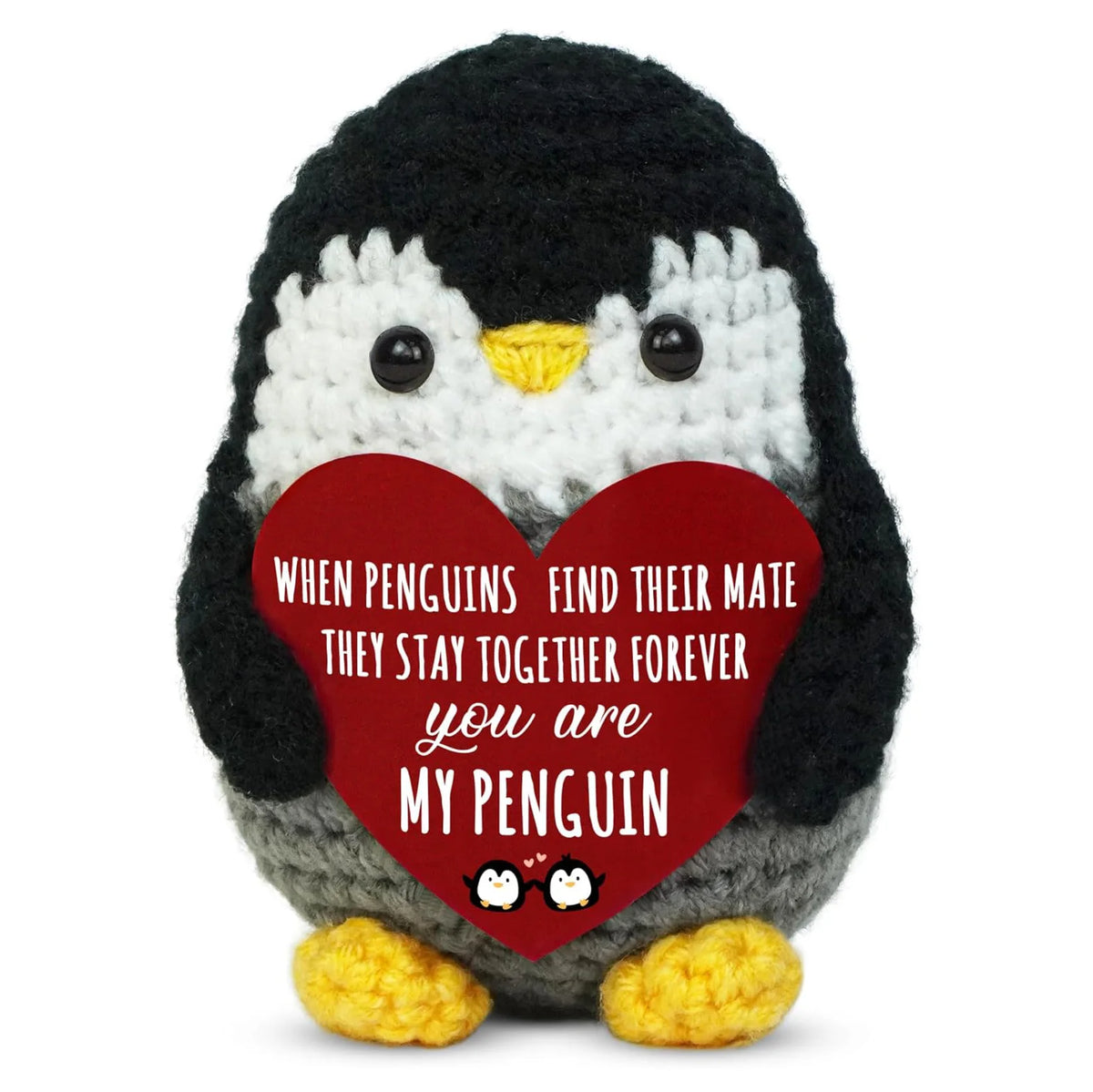 Handmade crochet penguin doll with a red heart card that reads When penguins find their mate they stay together forever you a