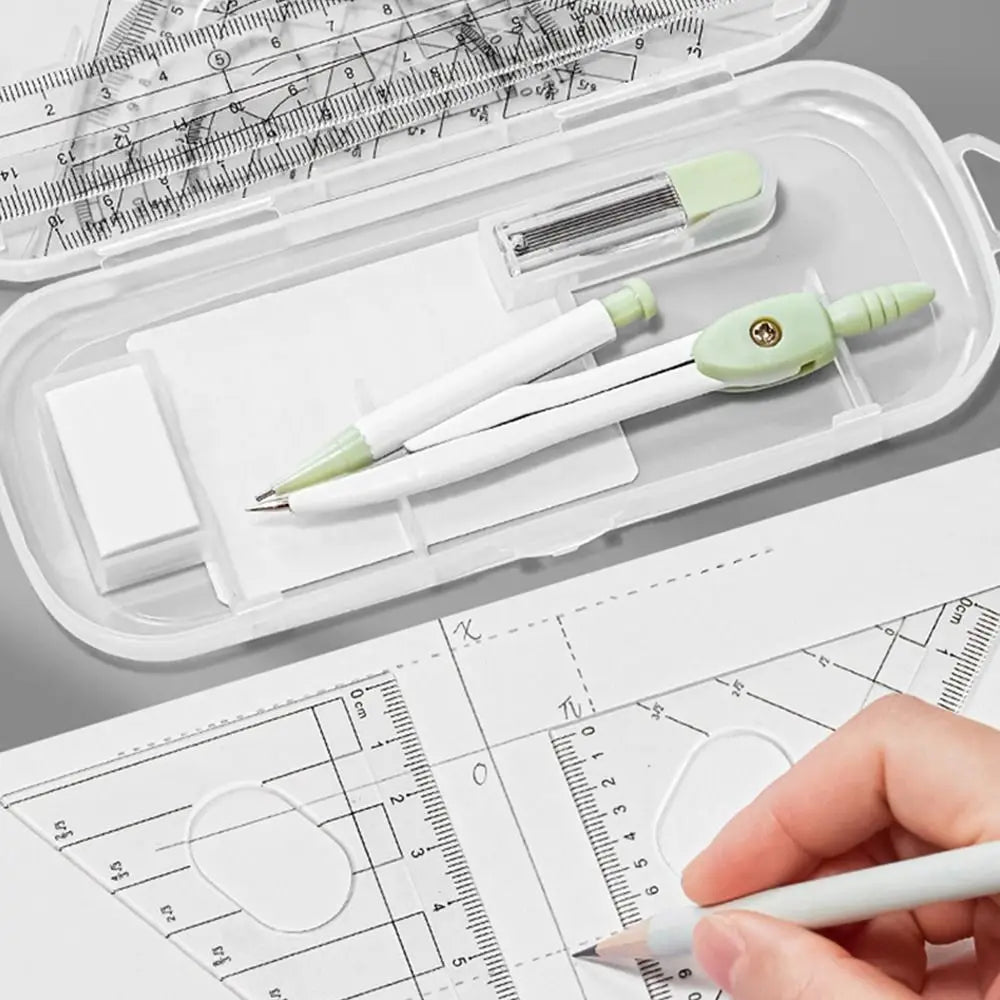 8-Piece Geometry Set – Transparent Rulers, Protractor, Compass & Eraser