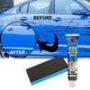 A bottle of car scratch and swirl remover product next to a comparison image showing before and after paint condition.