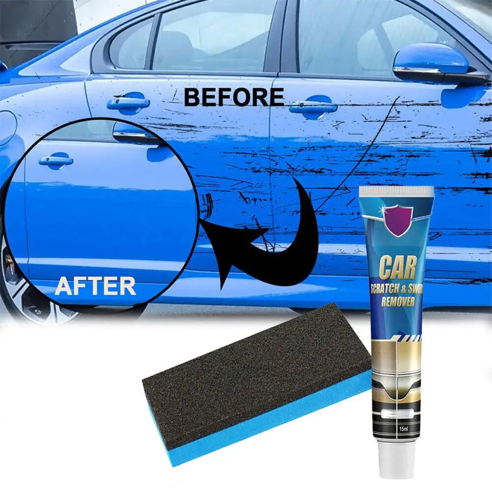 A bottle of car scratch and swirl remover product next to a comparison image showing before and after paint condition.