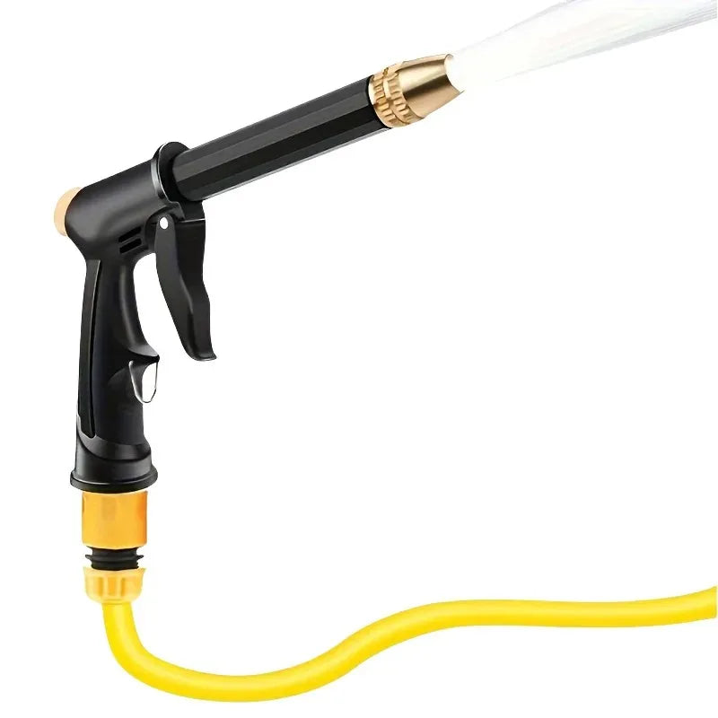 A black high-pressure car wash gun with a yellow hose and a white spray tip.