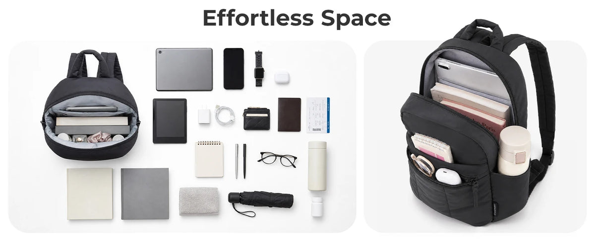 A black laptop backpack filled with various electronic gadgets and accessories.