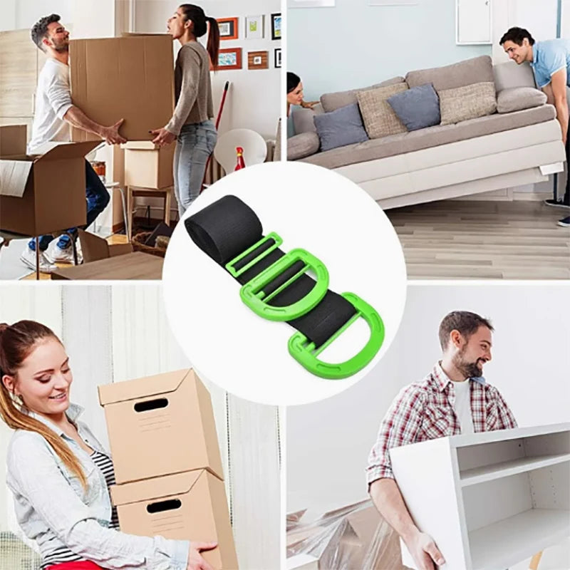 Green heavy-duty furniture moving straps with comfort grip handles shown in use for moving boxes.