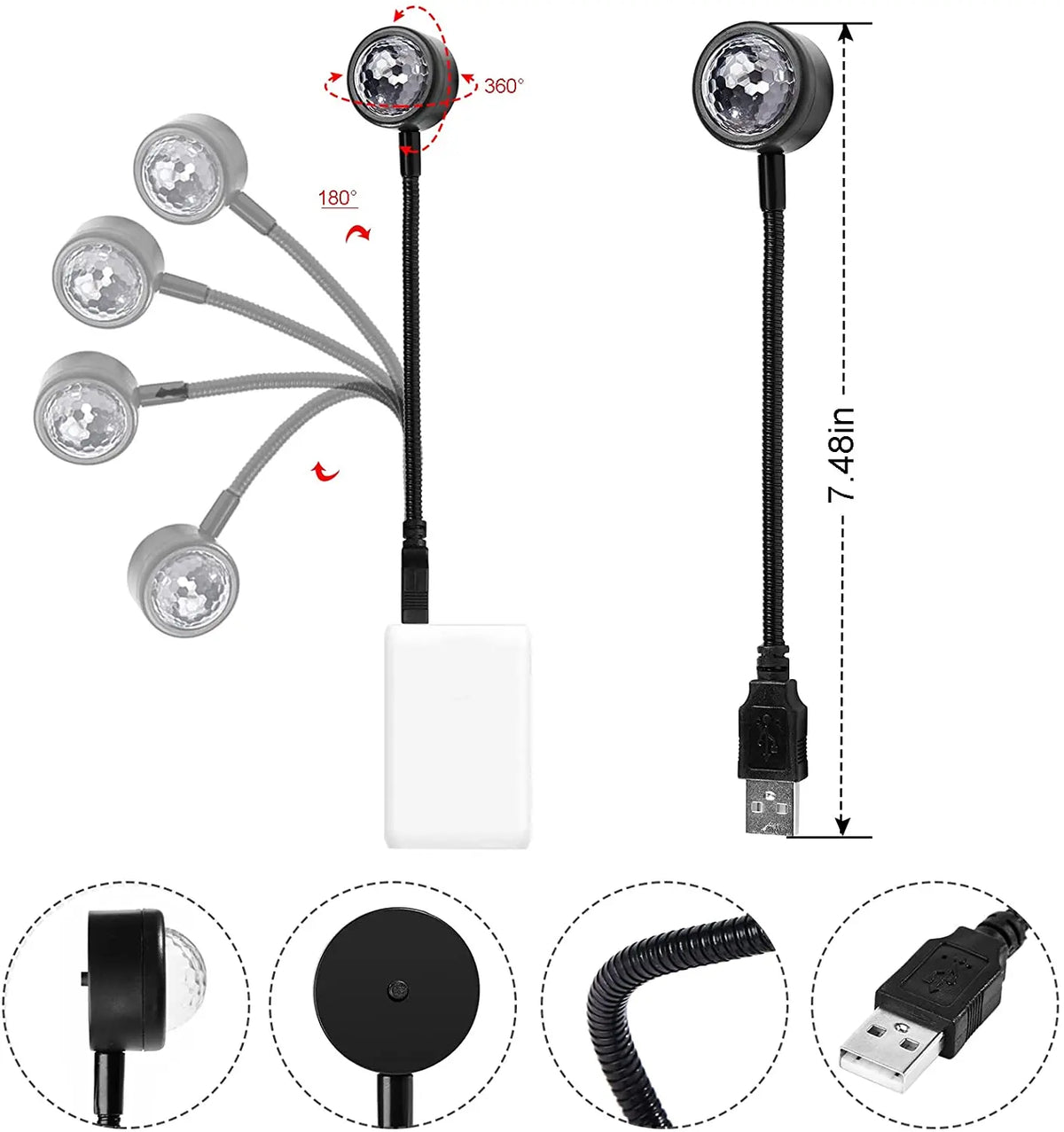 USB Music-Activated LED Projection Light with Flexible Neck