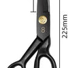 A pair of black professional heavy-duty fabric shears for tailoring and leatherwork with a gold-colored marking.