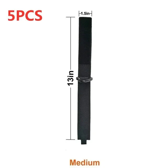 A black heavy-duty nylon cord organizer strap with a triangle buckle, shown vertically.