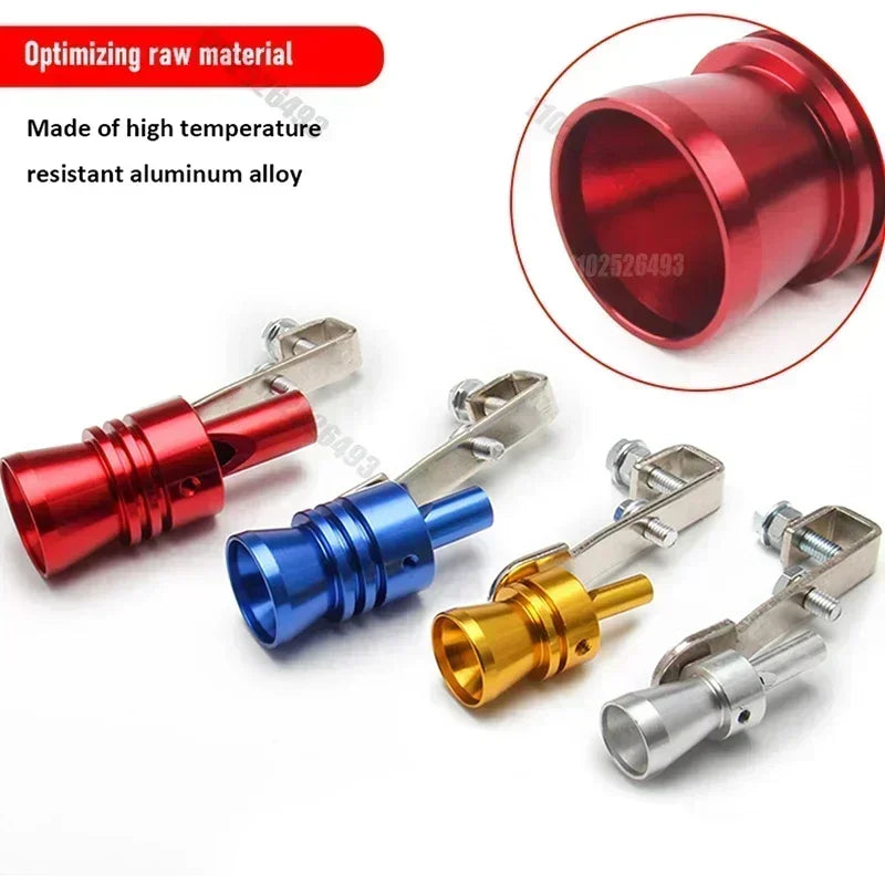 Set of aluminum alloy turbo sound whistles in red, blue, gold, and silver for car exhaust pipes