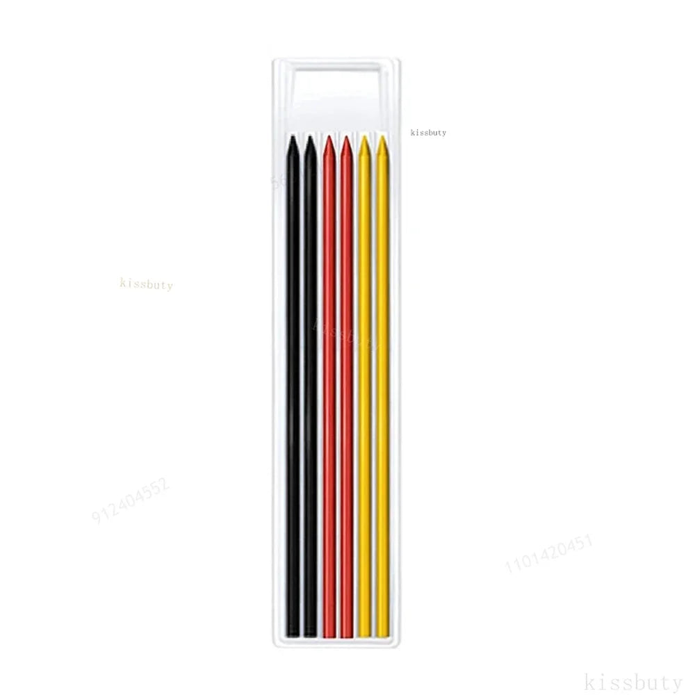 A set of solid wood carpenter's mechanical pencils in black, red, and yellow colors displayed in a clear plastic case.