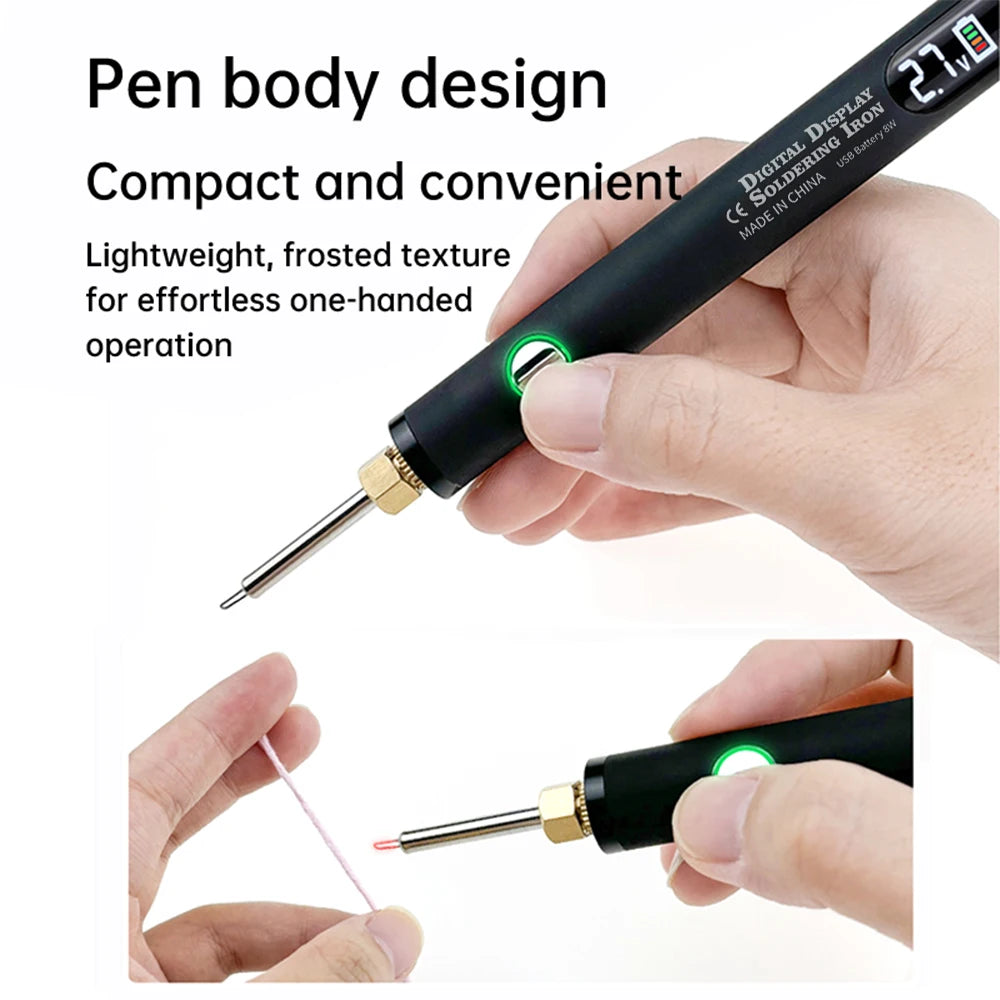 A hand holds a black pen body design soldering iron with a gold tip and green light, demonstrating its compact and convenient