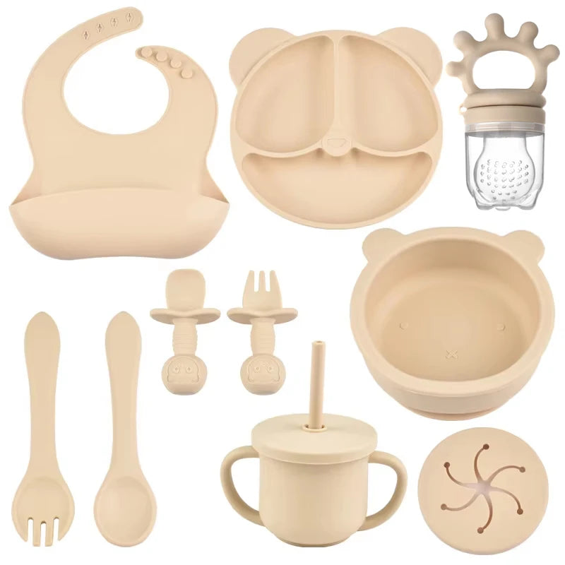 Complete Silicone Baby Feeding Set with Suction Bowl, Plate, Utensils & Bib