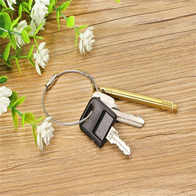 A stainless steel wire keychain cable with a screw lock and multiple keys resting on a wooden surface.
