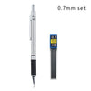 A set of 0.7mm HB mechanical pencils with metal bodies and grips.