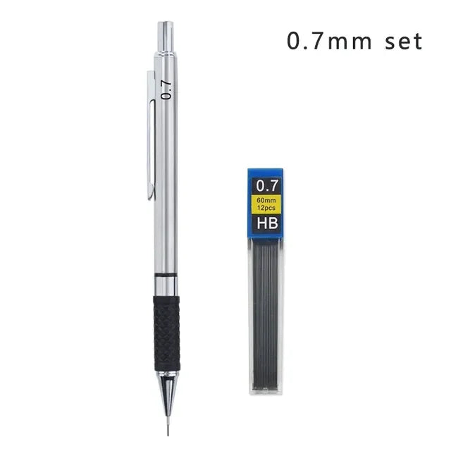 A set of 0.7mm HB mechanical pencils with metal bodies and grips.