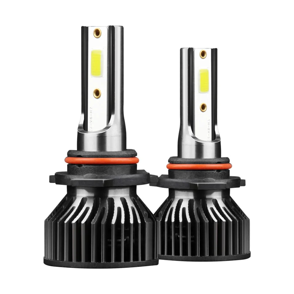 A pair of LED headlight bulbs with silver bases and black reflectors are shown.