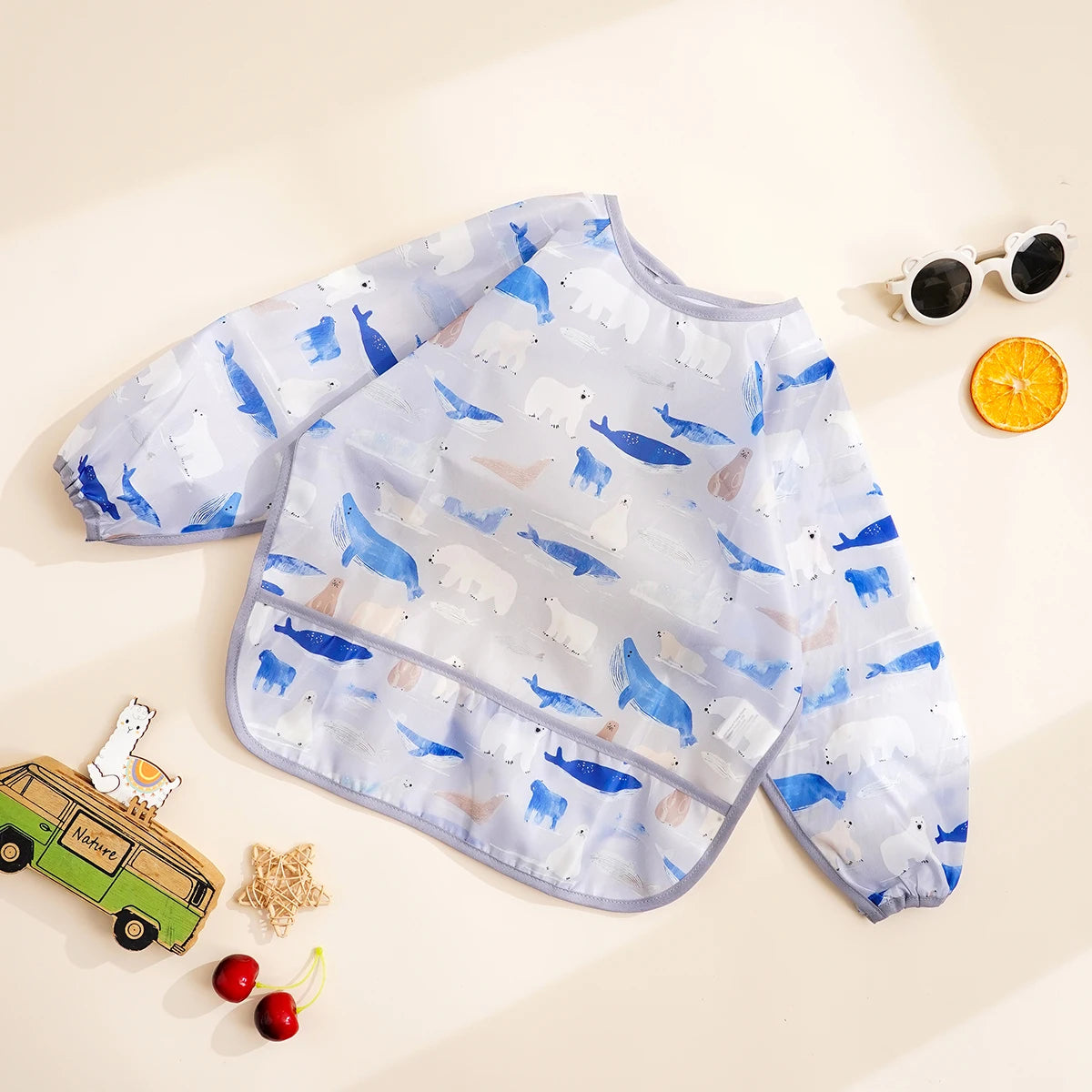 Waterproof Long-Sleeve Baby Bibs with Catch-All Pockets