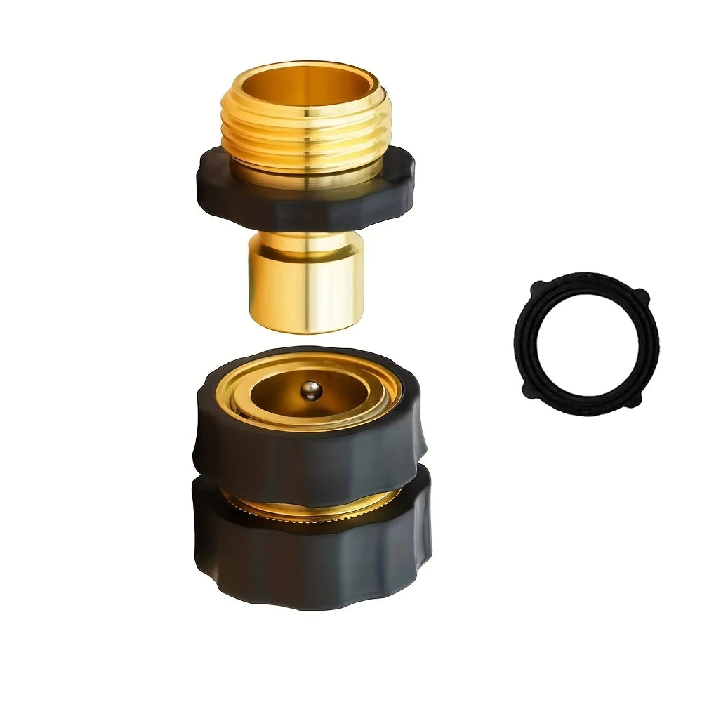 A set of brass and black quick connectors for a 3/4-inch garden hose.