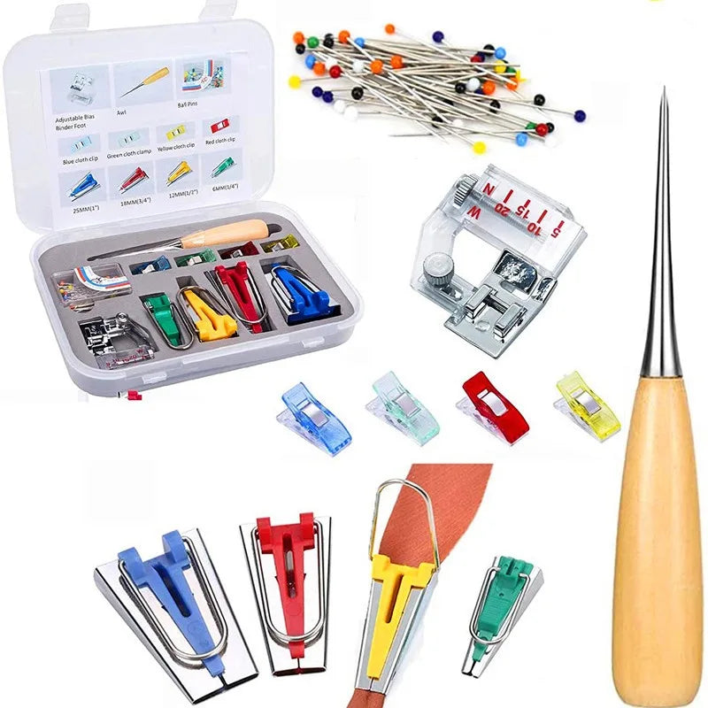 A complete DIY bias tape maker set featuring a binder foot and various tools for making bias tape.