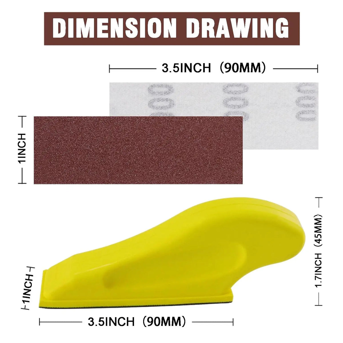 Dimension drawing of a yellow multi-grinder kit with precision sandpaper set showing its size and shape.