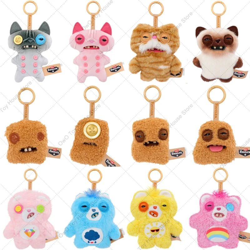 A collection of colorful, quirky ugly monster plush keychains featuring various animal and creature designs.