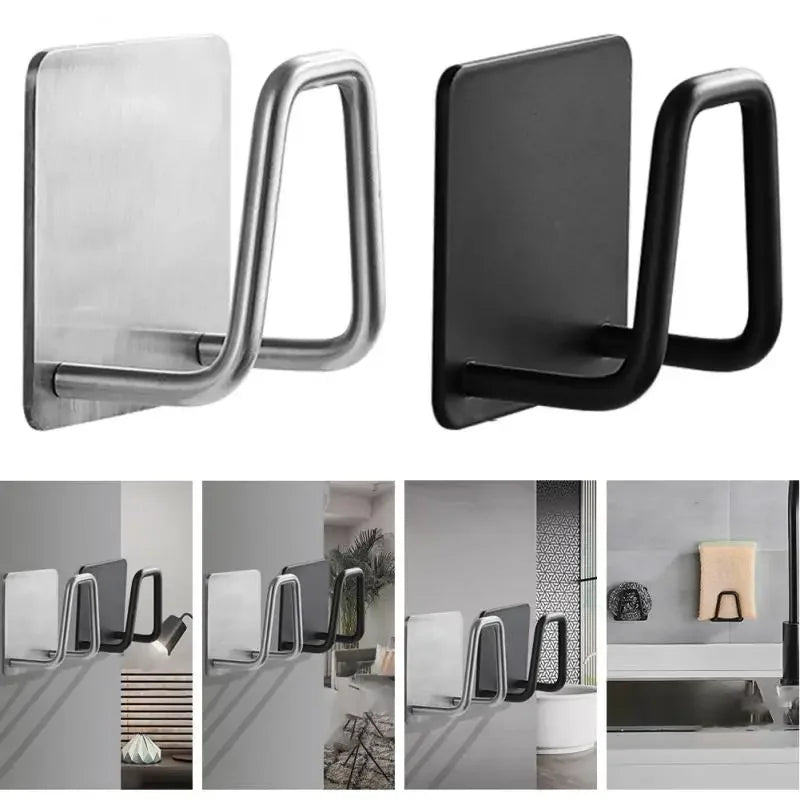 Stainless steel wall-mounted sponge holder with drain in silver and black finishes.