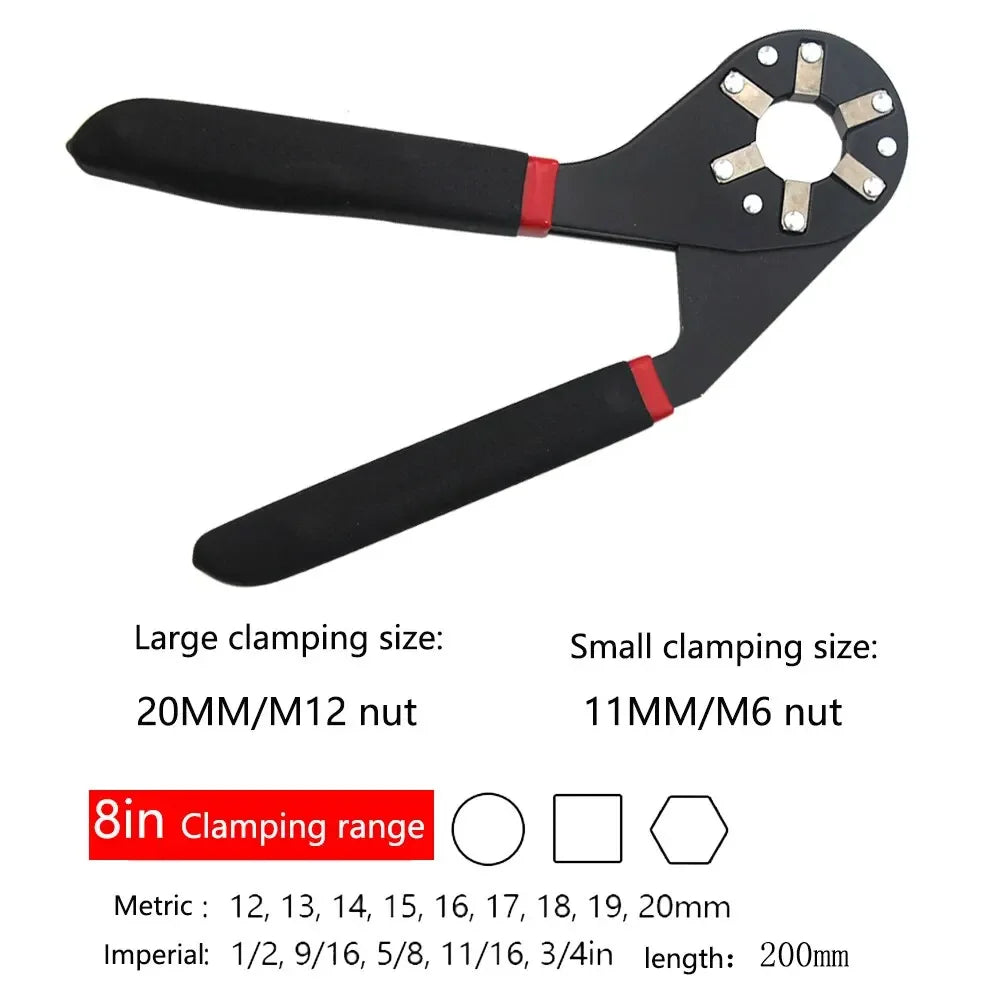 Black adjustable wrench with a non-slip handle and various clamping sizes including 20MM/M12 and 11MM/M6 nuts.