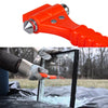 An orange emergency escape hammer is shown cutting through a seatbelt in a dark plastic sheet.
