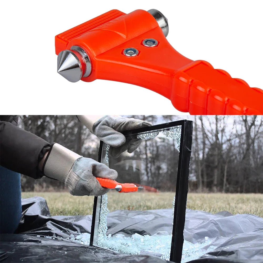 An orange emergency escape hammer is shown cutting through a seatbelt in a dark plastic sheet.