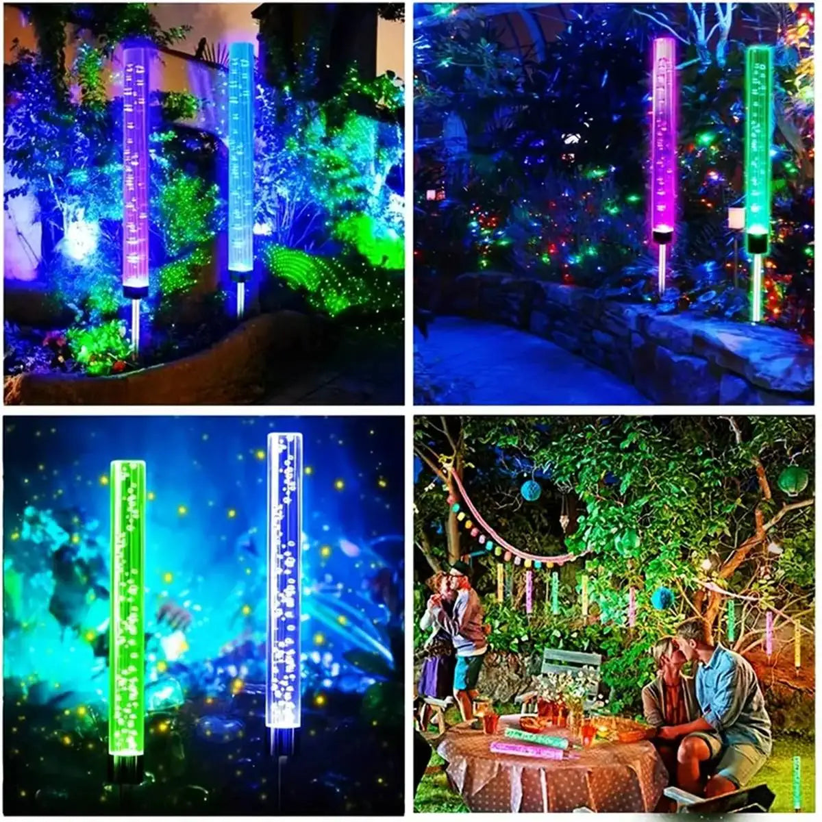 Vertical LED path lights illuminate a garden scene with vibrant colors and sparkling effects.
