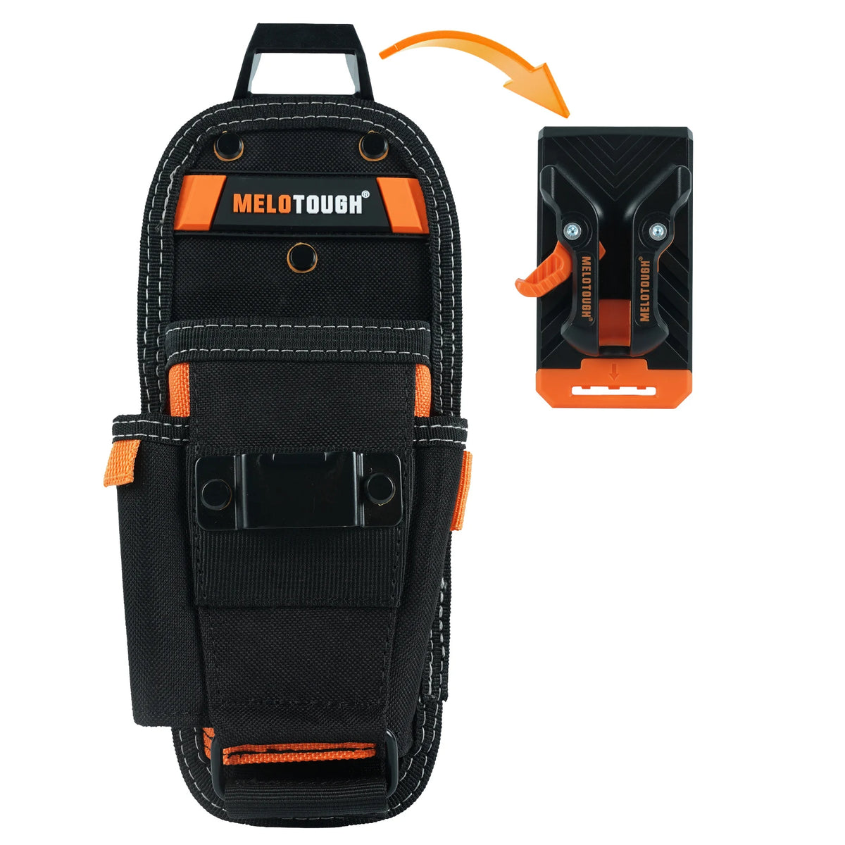 Black durable tool pouch with an orange belt clip and a yellow arrow pointing to the clip.