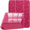 Coque protectrice pailletée rose pour iPad, montrée sous différents angles.