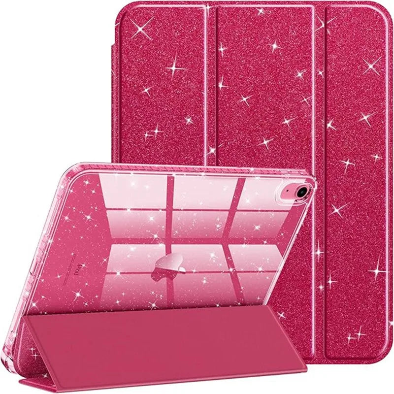 Coque protectrice pailletée rose pour iPad, montrée sous différents angles.