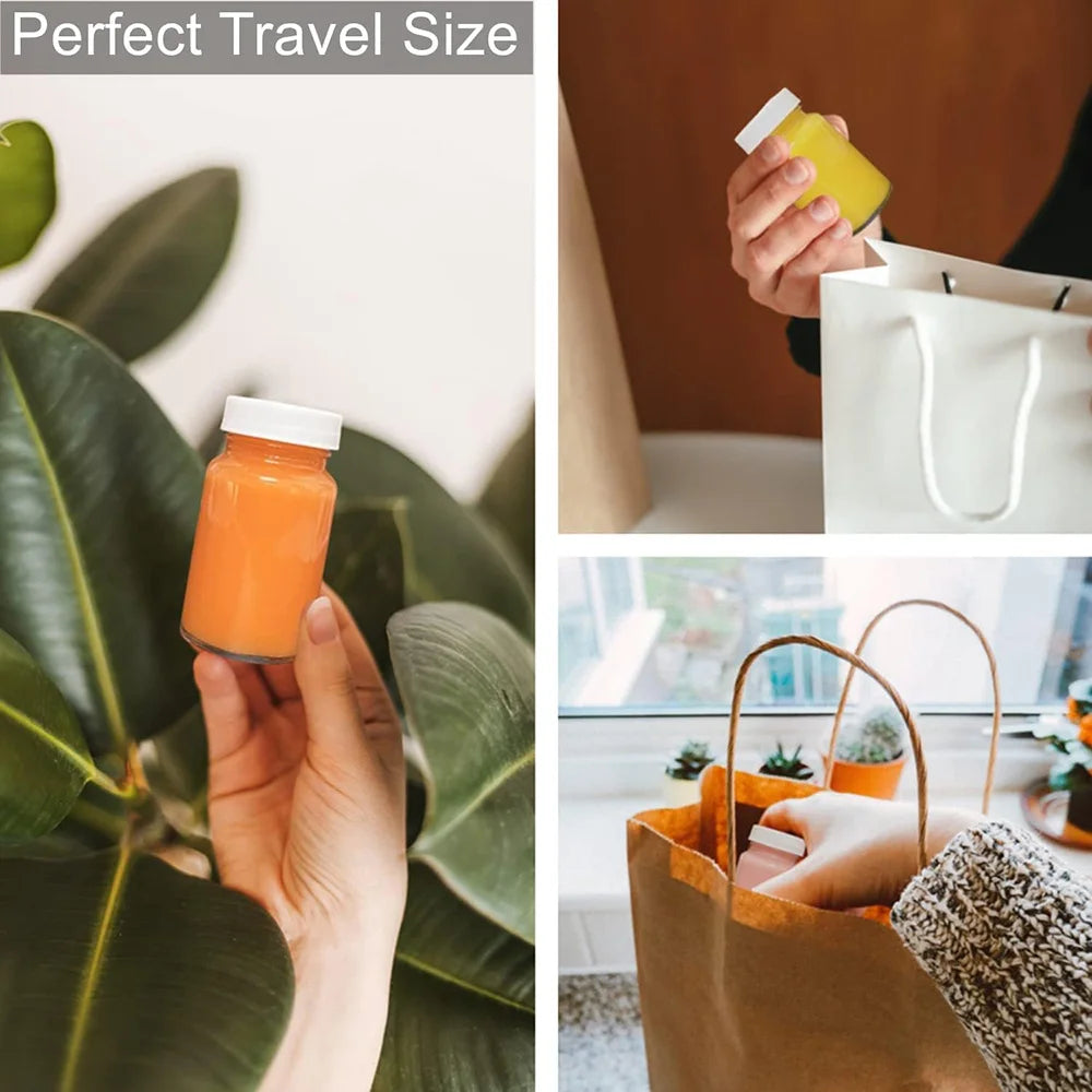 A hand holds an orange juice bottle against a green plant leaf, next to a paper shopping bag.