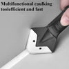 A hand is holding a black and white caulking tool, demonstrating its use for sealing gaps.