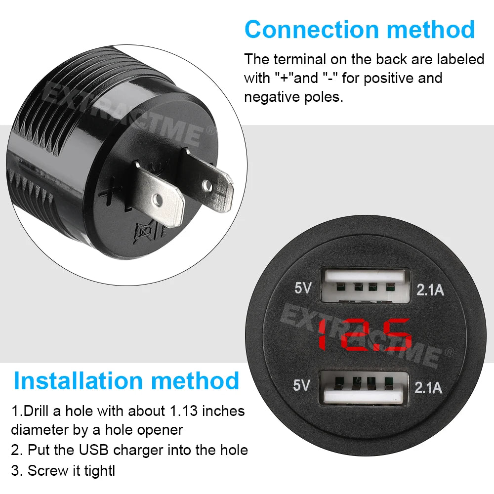 Dual USB Car Charger with LED Voltmeter – Fast Charging 12V/24V