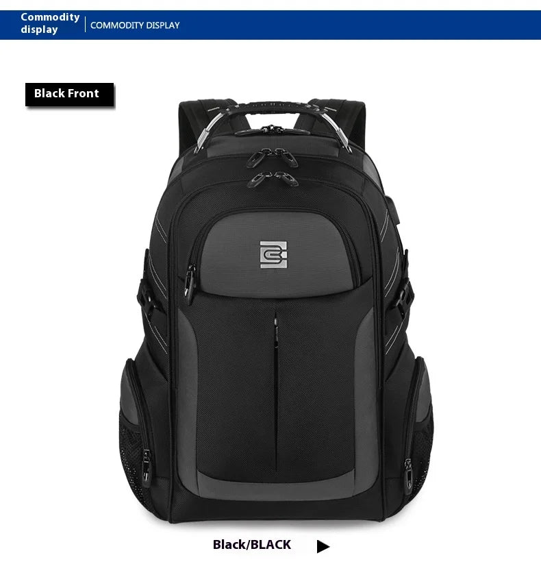 Black front view of a large capacity waterproof laptop backpack.
