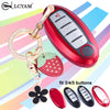 A red silicone key fob cover with a gold chain attached, showing various button options.