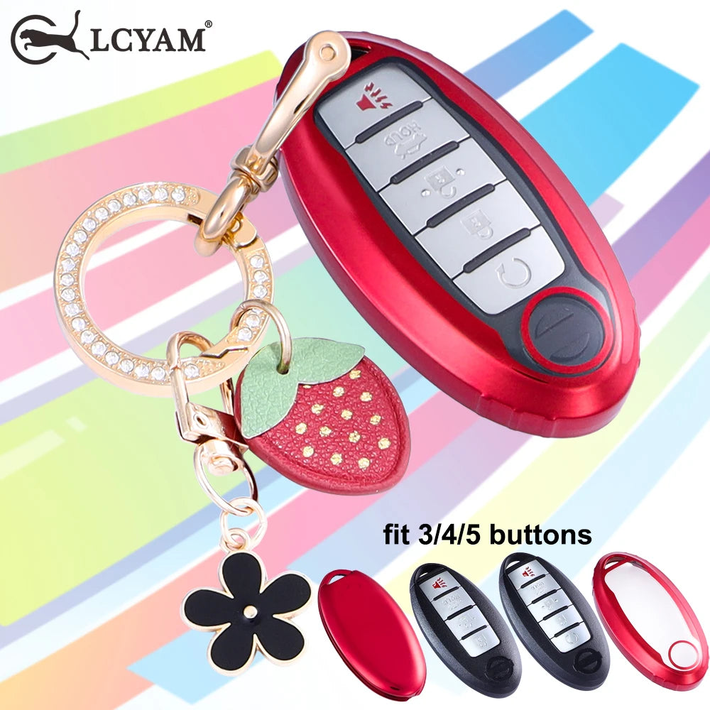 A red silicone key fob cover with a gold chain attached, showing various button options.
