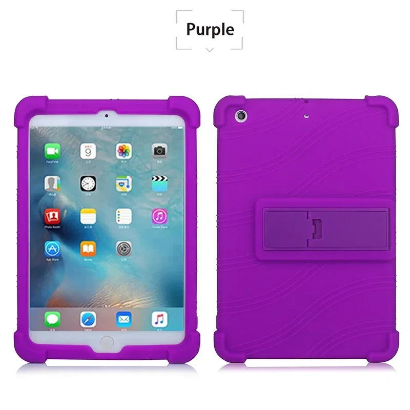 A purple silicone protective case with a kickstand for an iPad Mini device.